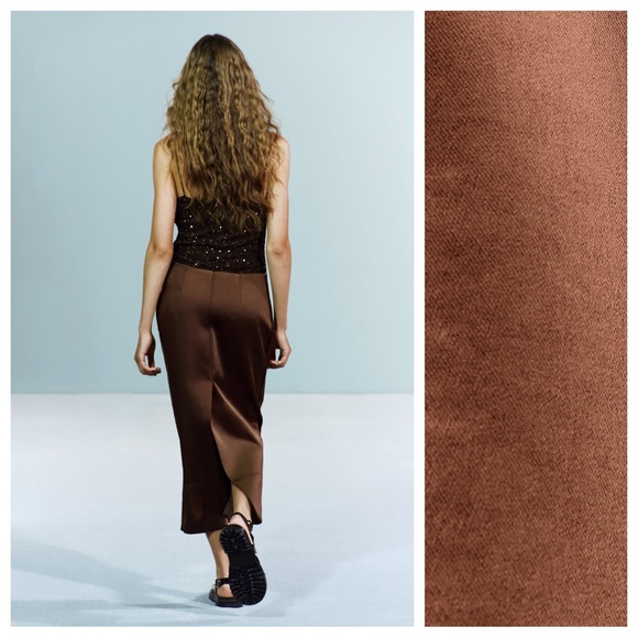 NWT. Zara Brown ZW Collection Satin Effect Midi Skirt. Size M. - Picture 5 of 11